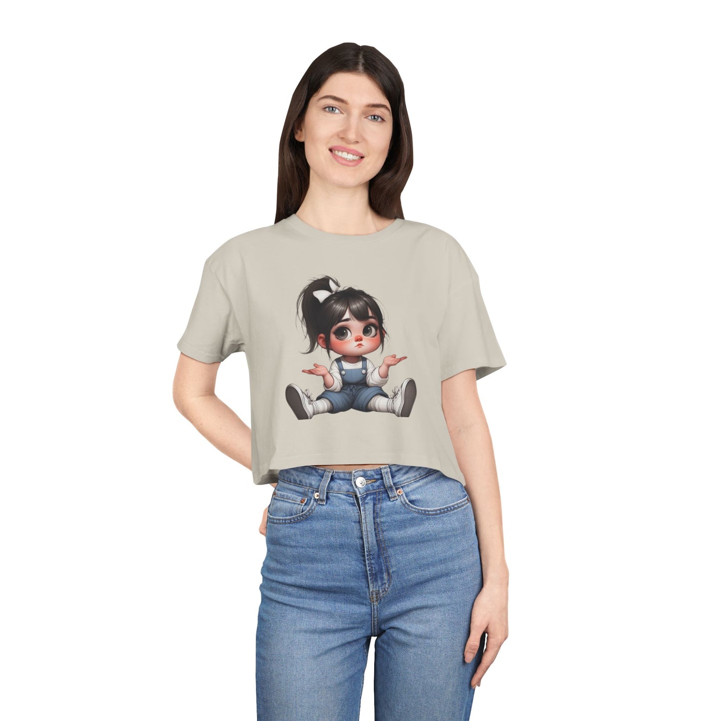 Cute Cartoon Character Women's Crop Tee, Fun T-Shirt, Casual Wear, Gift for Her, Trendy Summer Top