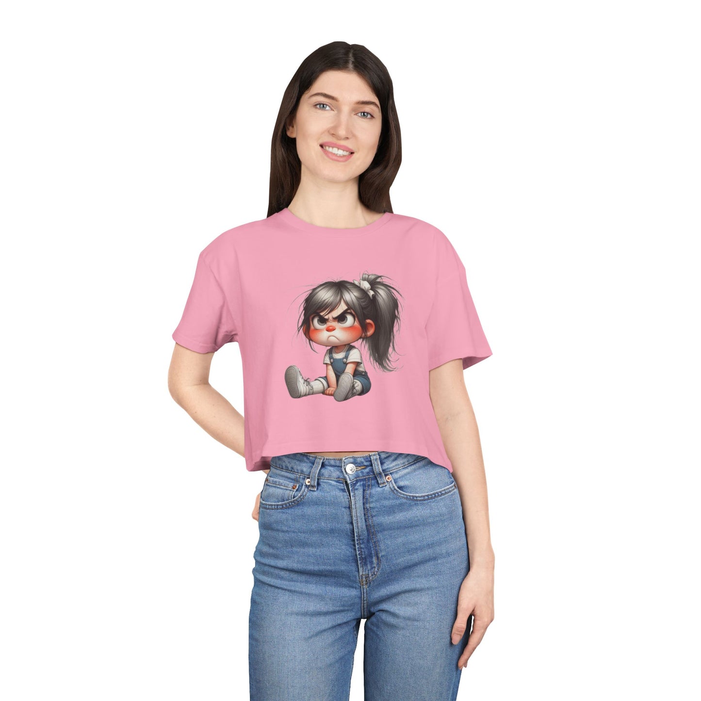 Adorable Cartoon Girl Women's Crop Tee, Cute Crop Top, Casual Summer Tee, Gift for Her, Fun Graphic Tee, Trendy Outfit