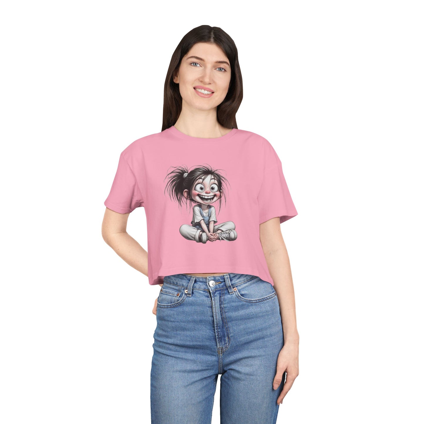 Playful Women's Crop Tee with Cartoon Design, Funny Graphic Top, Summer Outfit, Gift for Teens and Kids, Fun Style