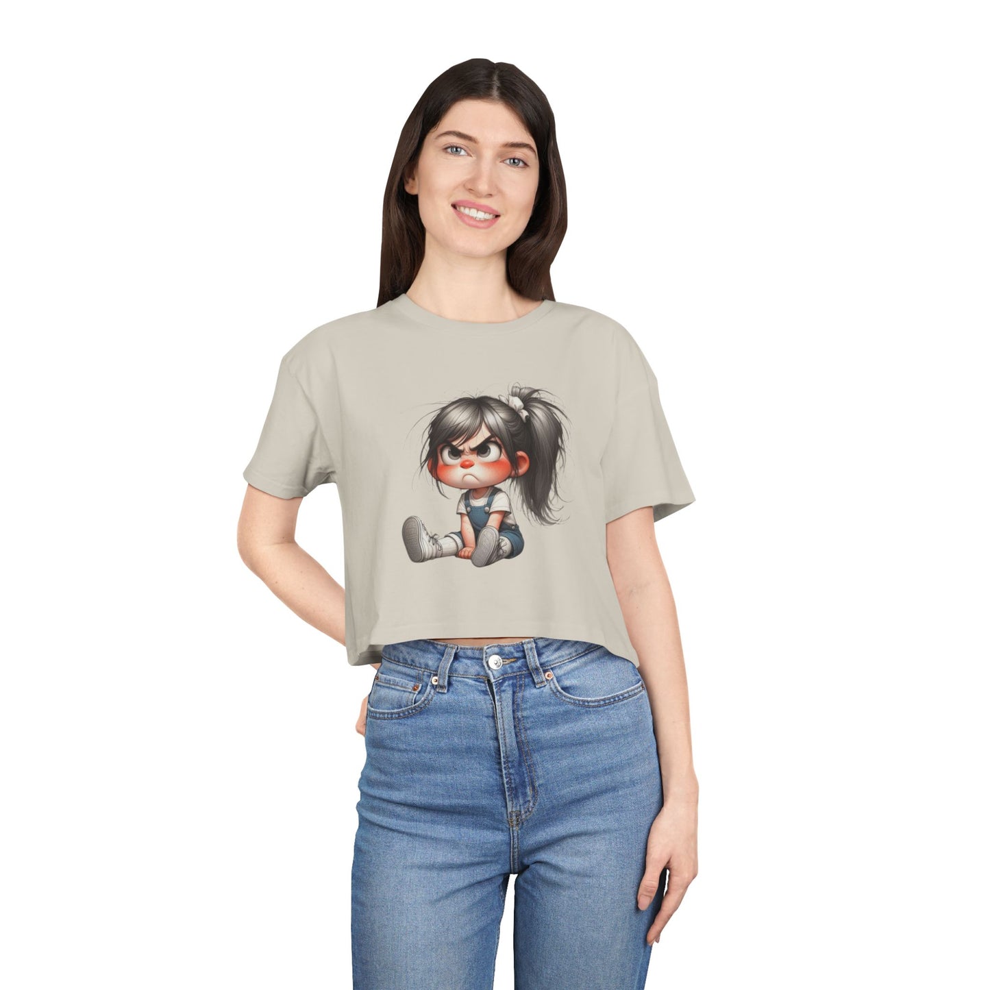 Adorable Cartoon Girl Women's Crop Tee, Cute Crop Top, Casual Summer Tee, Gift for Her, Fun Graphic Tee, Trendy Outfit