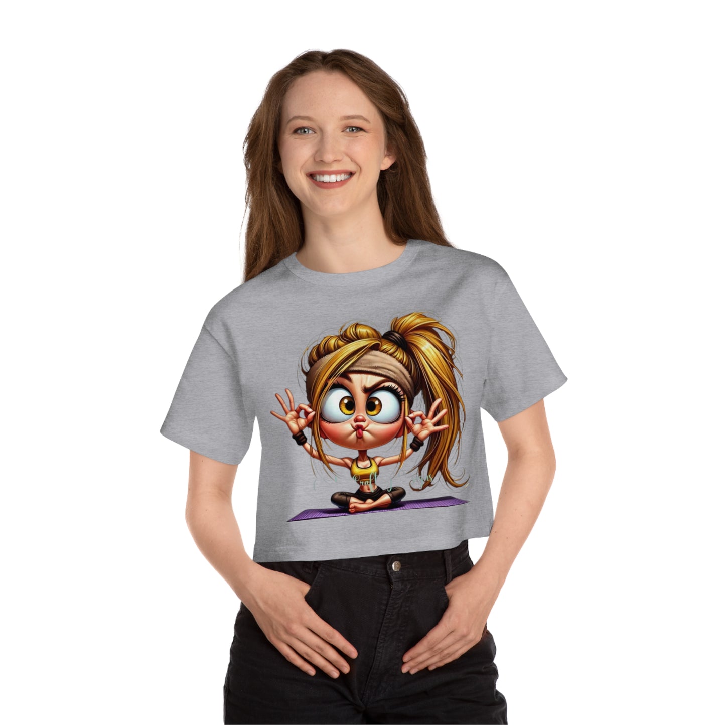 Yoga Enthusiast Cropped Tee - Fun Cartoon Design, Relaxed Fit, Gift for Yogis, Cute Workout Top, Mindfulness Apparel