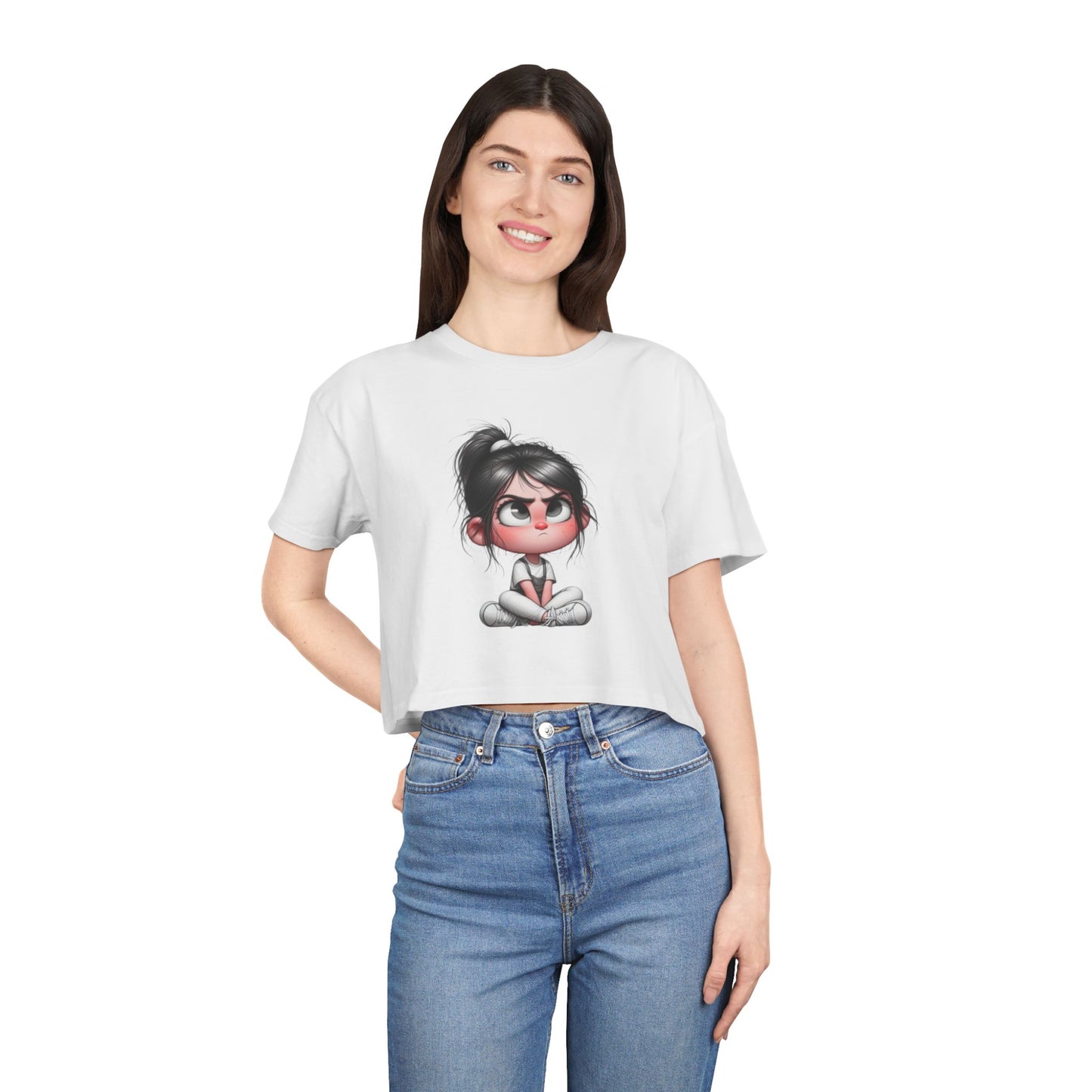 Cute Cartoon Women's Crop Tee, Relaxed Fit Shirt, Casual Graphic Top, Fun Summer Wear, Gift for Tween Girls