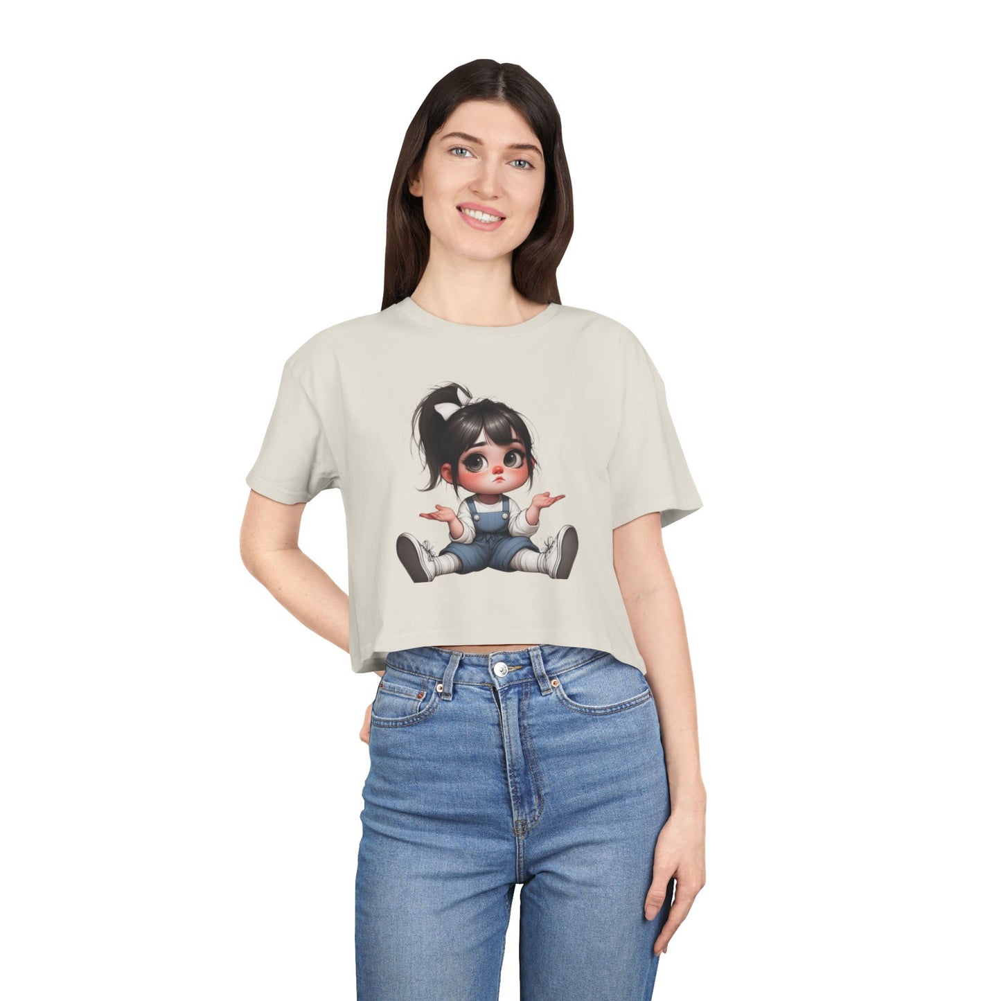 Cute Cartoon Character Women's Crop Tee, Fun T-Shirt, Casual Wear, Gift for Her, Trendy Summer Top