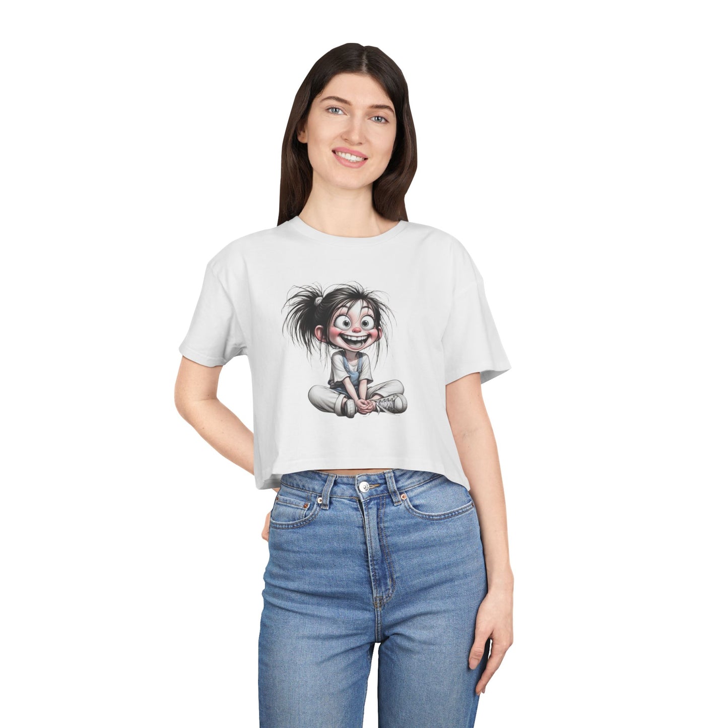 Playful Women's Crop Tee with Cartoon Design, Funny Graphic Top, Summer Outfit, Gift for Teens and Kids, Fun Style