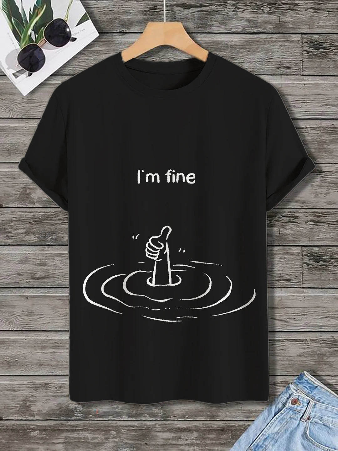 100% Cotton Men's I'm Fine Funny Graphic Print Cotton Casual T-Shirt