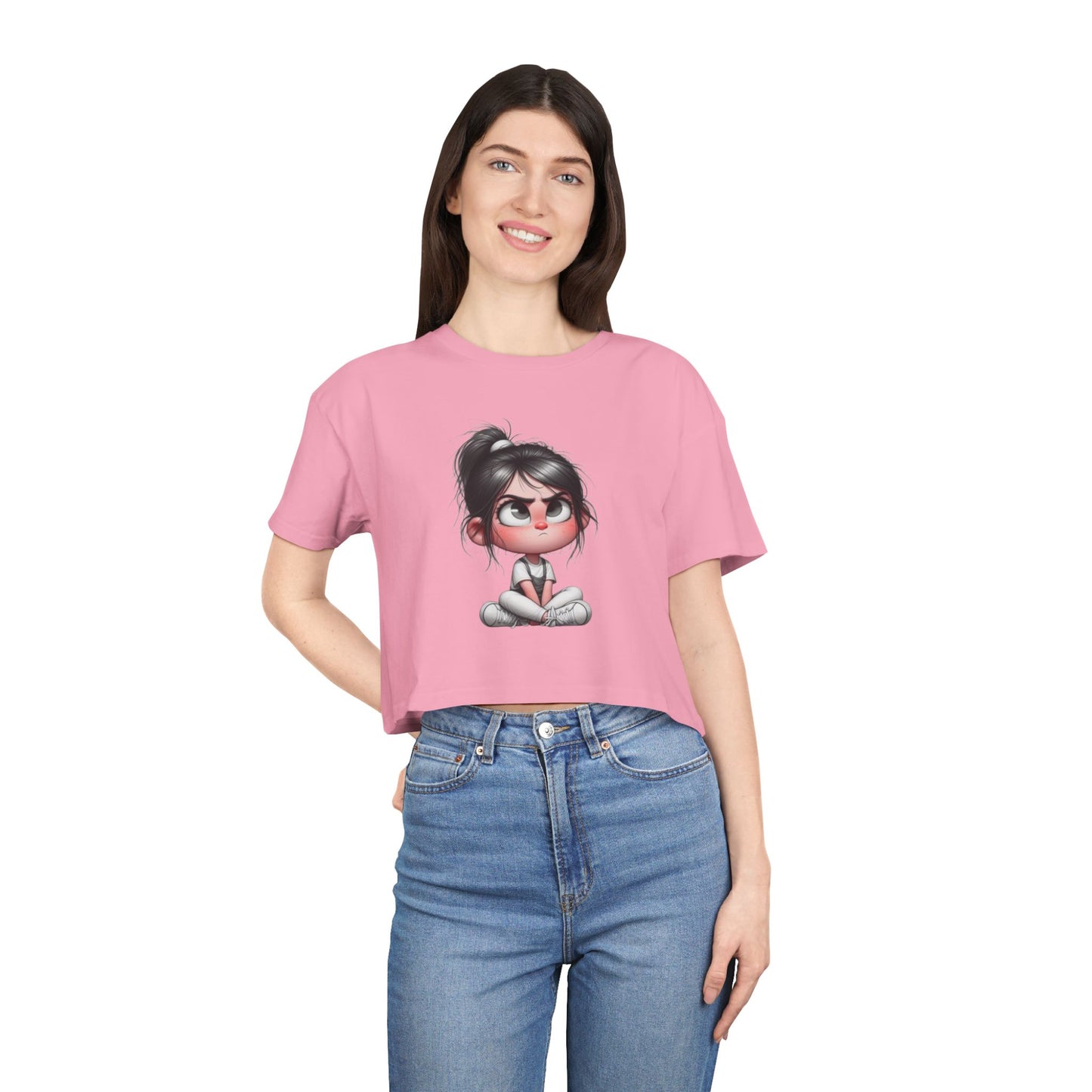 Cute Cartoon Women's Crop Tee, Relaxed Fit Shirt, Casual Graphic Top, Fun Summer Wear, Gift for Tween Girls