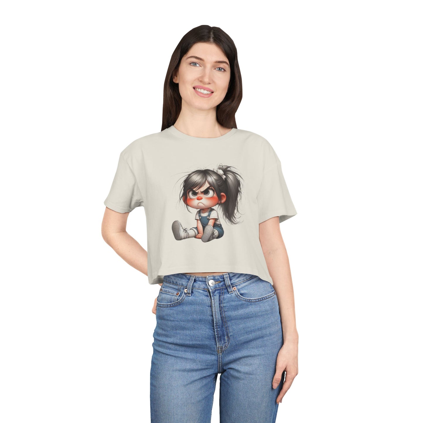 Adorable Cartoon Girl Women's Crop Tee, Cute Crop Top, Casual Summer Tee, Gift for Her, Fun Graphic Tee, Trendy Outfit