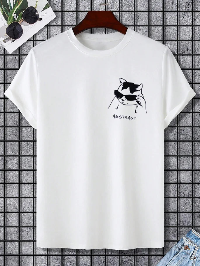 Men's Funny Cat With Sunglasses Abstract Print Casual Tee