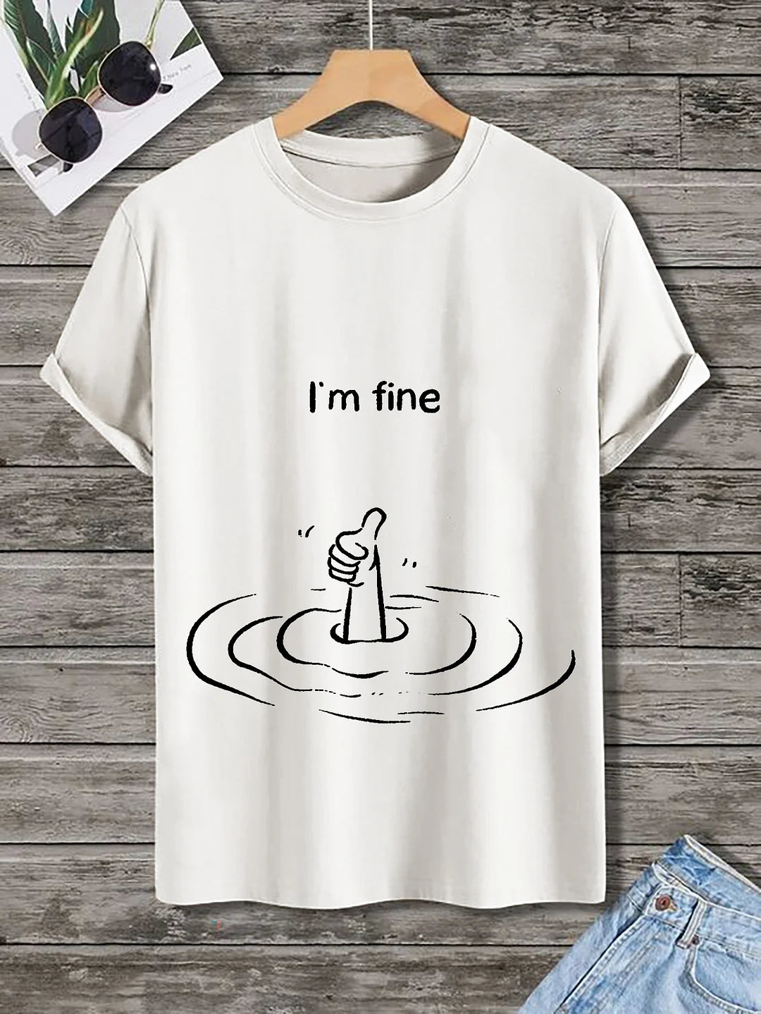 100% Cotton Men's I'm Fine Funny Graphic Print Cotton Casual T-Shirt