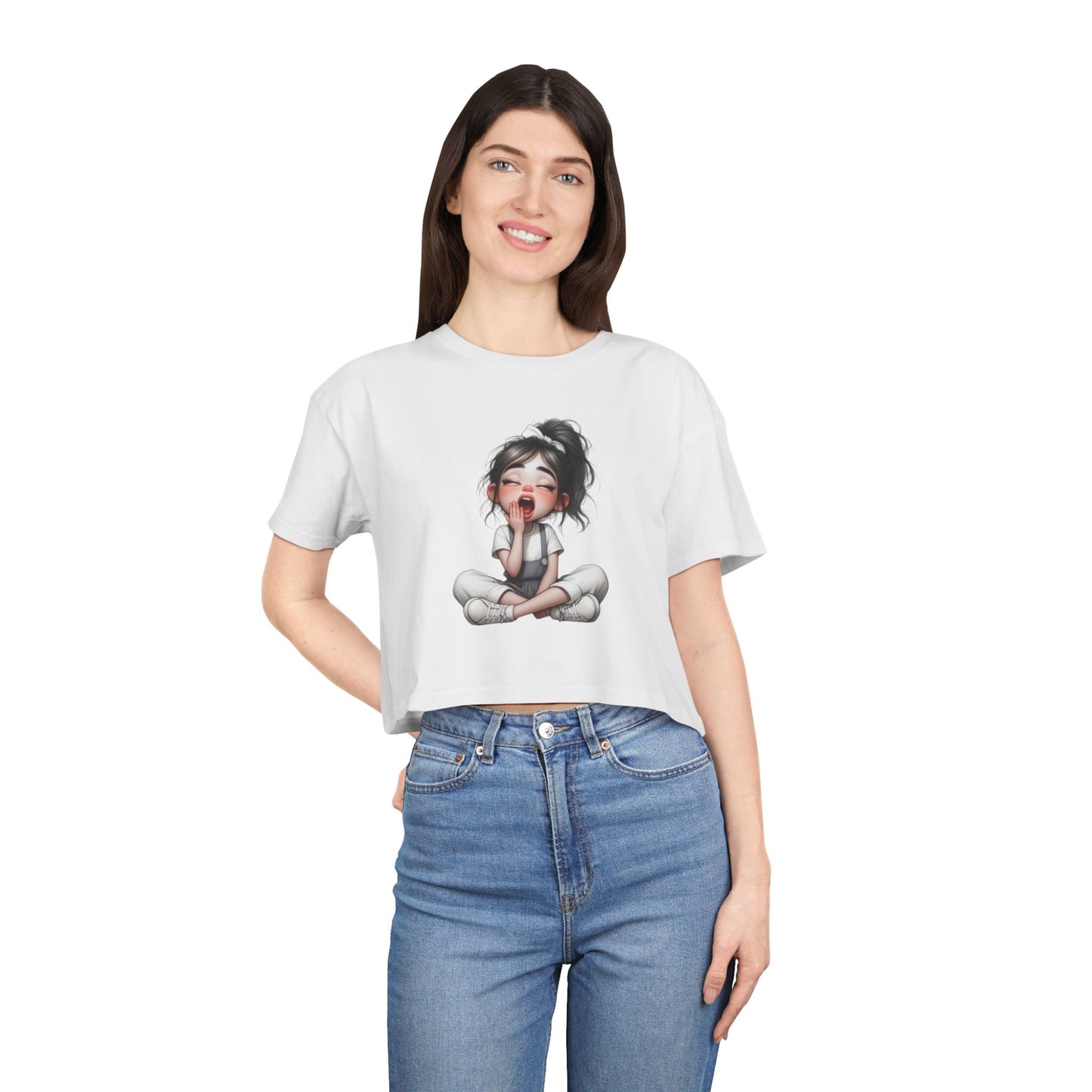 Cute Character Women's Crop Tee, Fun Graphic Top, Casual Tee, Gift for Moms, Perfect for Everyday Wear