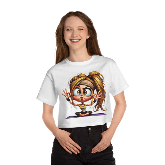 Yoga Enthusiast Cropped Tee - Fun Cartoon Design, Relaxed Fit, Gift for Yogis, Cute Workout Top, Mindfulness Apparel