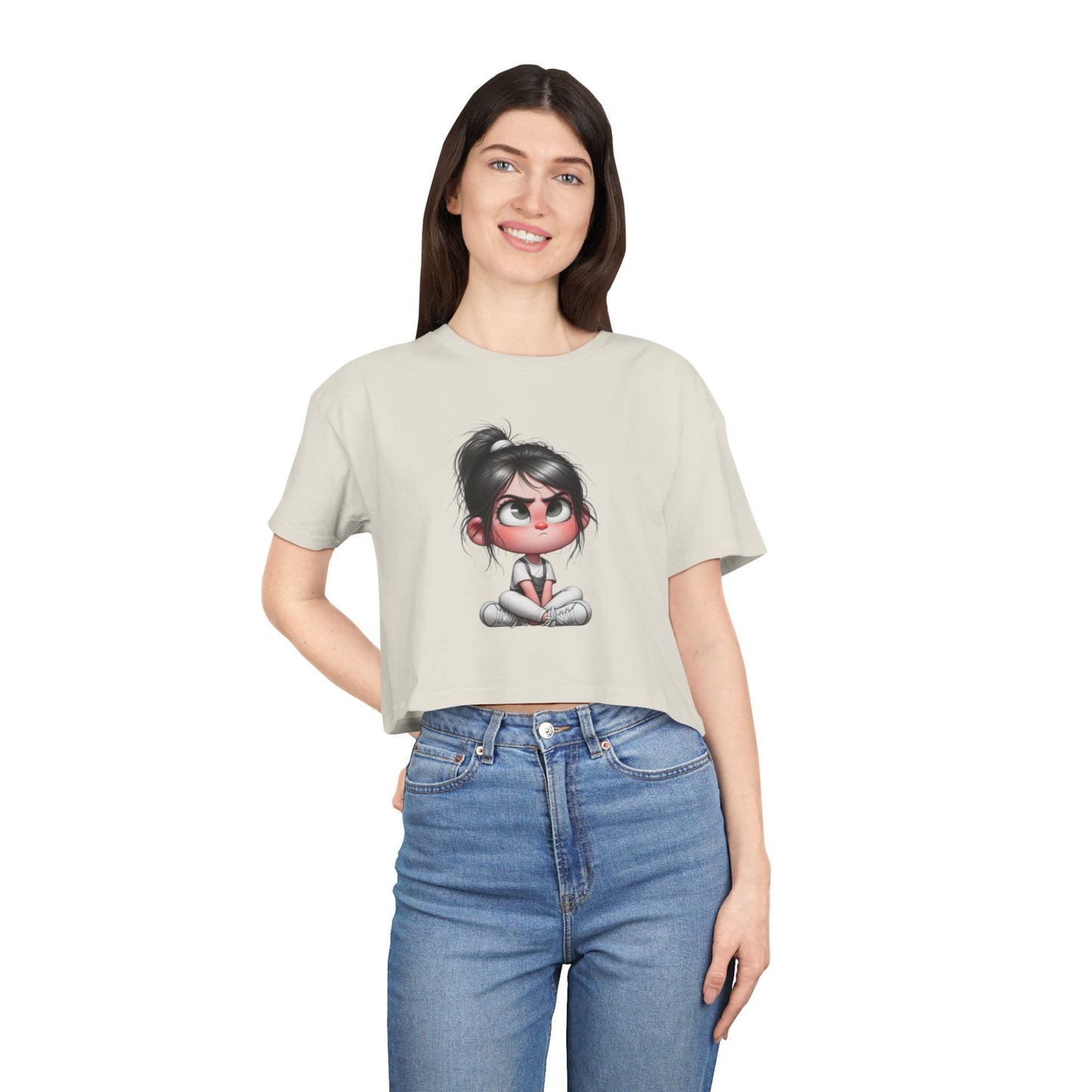 Cute Cartoon Women's Crop Tee, Relaxed Fit Shirt, Casual Graphic Top, Fun Summer Wear, Gift for Tween Girls