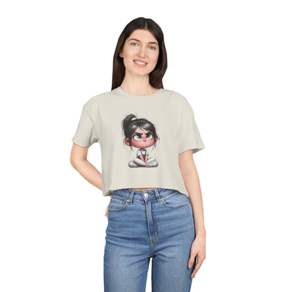 Cute Cartoon Women's Crop Tee, Relaxed Fit Shirt, Casual Graphic Top, Fun Summer Wear, Gift for Tween Girls