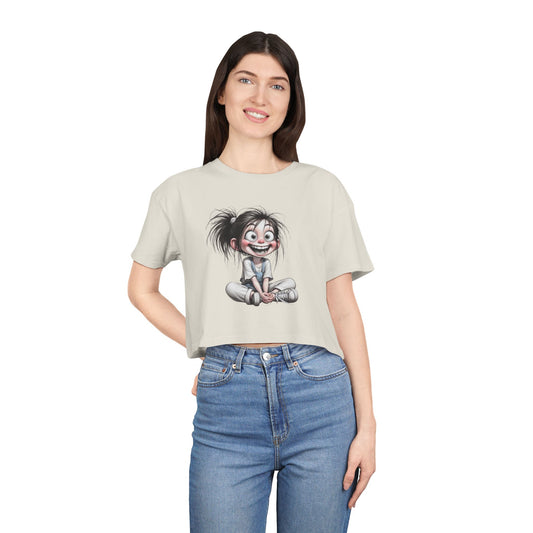 Playful Women's Crop Tee with Cartoon Design, Funny Graphic Top, Summer Outfit, Gift for Teens and Kids, Fun Style
