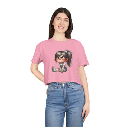 Adorable Cartoon Girl Women's Crop Tee, Cute Crop Top, Casual Summer Tee, Gift for Her, Fun Graphic Tee, Trendy Outfit