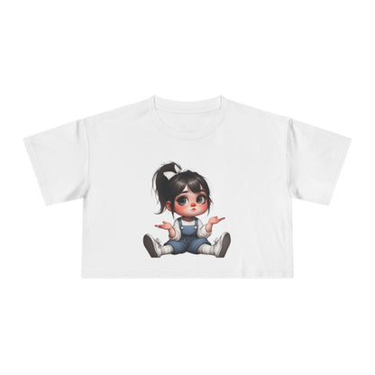 Cute Cartoon Character Women's Crop Tee, Fun T-Shirt, Casual Wear, Gift for Her, Trendy Summer Top