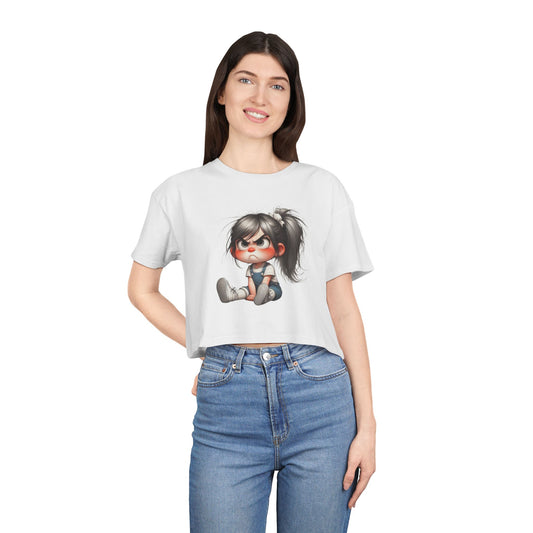 Adorable Cartoon Girl Women's Crop Tee, Cute Crop Top, Casual Summer Tee, Gift for Her, Fun Graphic Tee, Trendy Outfit