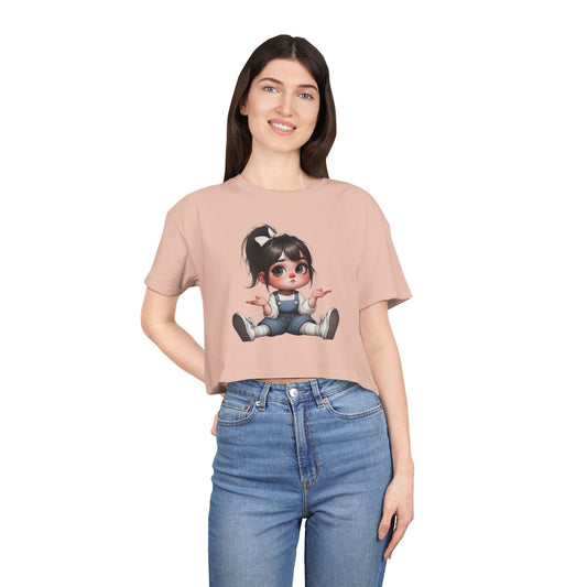 Cute Cartoon Character Women's Crop Tee, Fun T-Shirt, Casual Wear, Gift for Her, Trendy Summer Top
