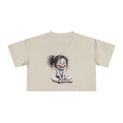 Playful Women's Crop Tee with Cartoon Design, Funny Graphic Top, Summer Outfit, Gift for Teens and Kids, Fun Style