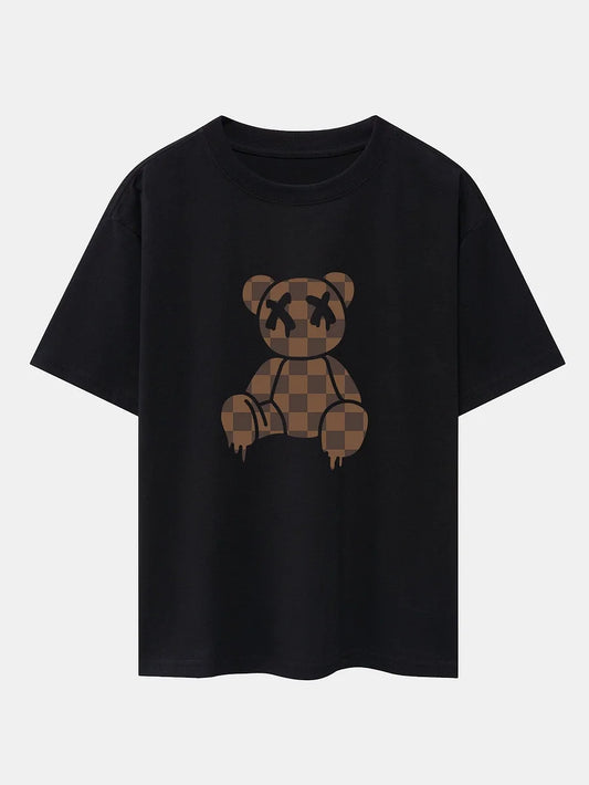 Brown Checker Bear Graphic T-Shirt – Streetwear Style Tee