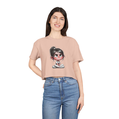 Cute Cartoon Women's Crop Tee, Relaxed Fit Shirt, Casual Graphic Top, Fun Summer Wear, Gift for Tween Girls