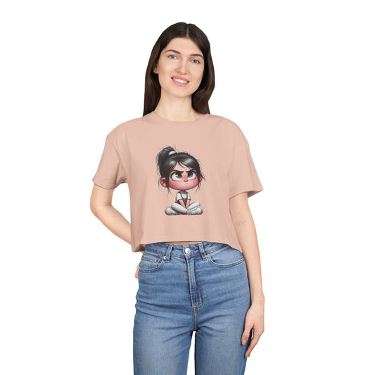 Cute Cartoon Women's Crop Tee, Relaxed Fit Shirt, Casual Graphic Top, Fun Summer Wear, Gift for Tween Girls
